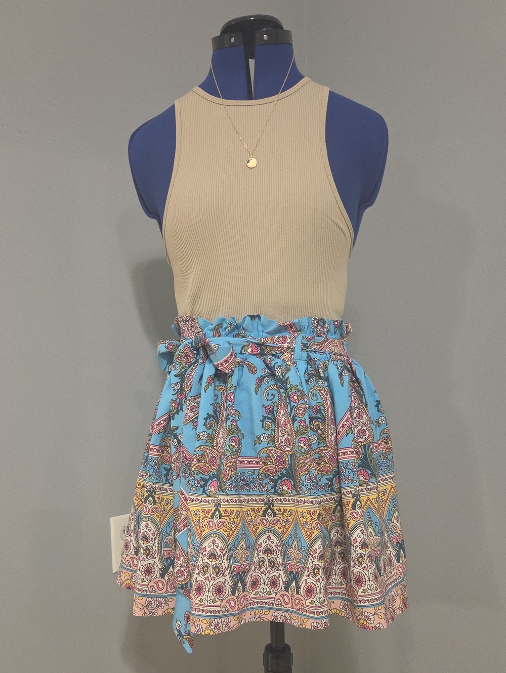 Light Blue Paisley Paperbag Mini Skirt with Self-Tie